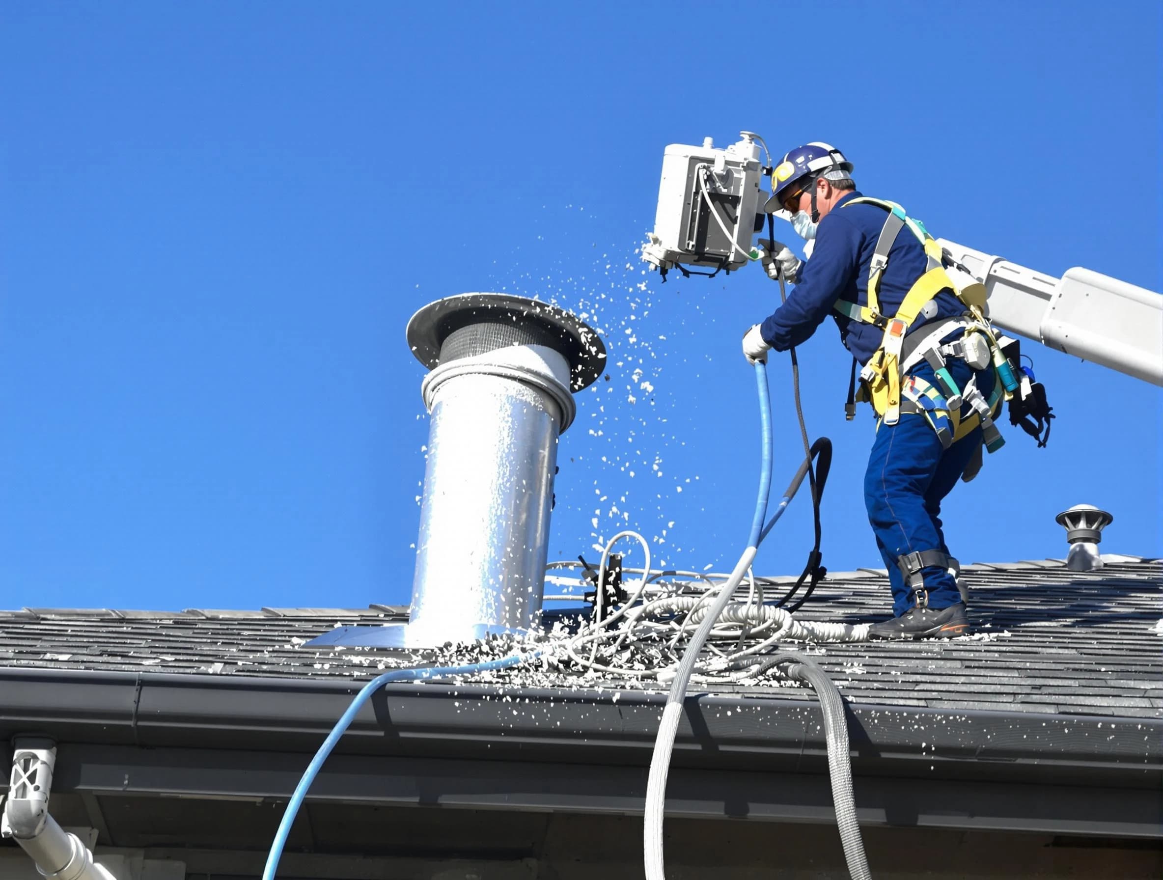 North Salt Lake Dryer Vent Cleaning certified technician safely cleaning a roof-mounted dryer vent in North Salt Lake