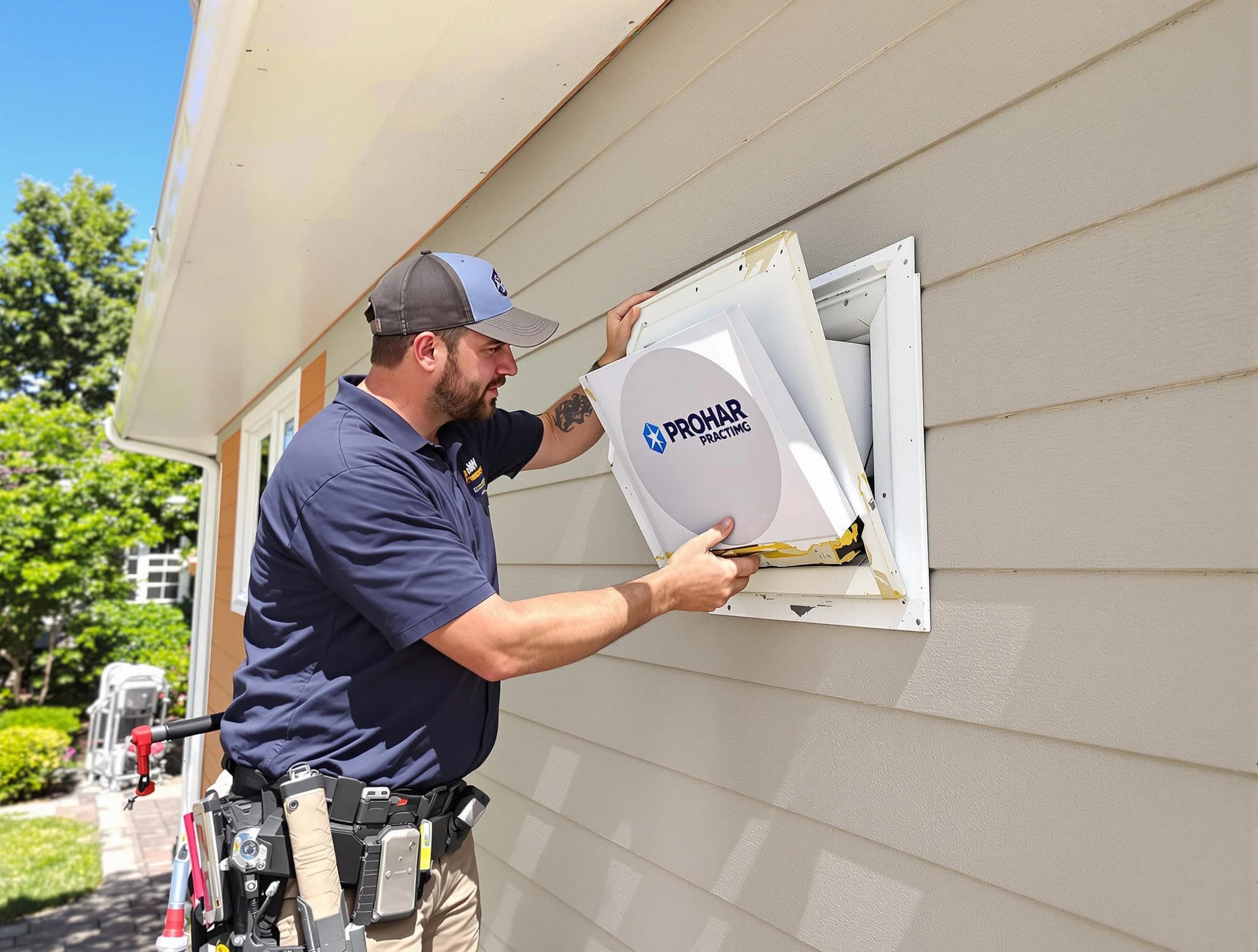 North Salt Lake Dryer Vent Cleaning technician installing a new protective dryer vent cover on a home in North Salt Lake