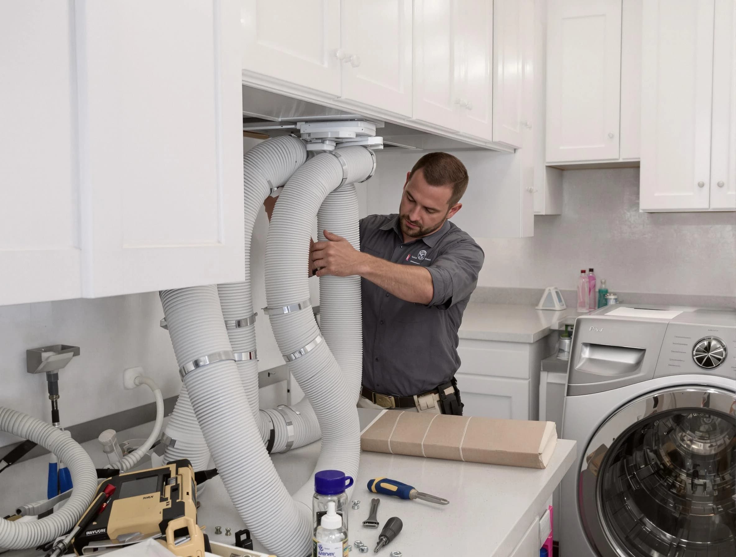 North Salt Lake Dryer Vent Cleaning technician installing a new professional-grade dryer vent hose in North Salt Lake